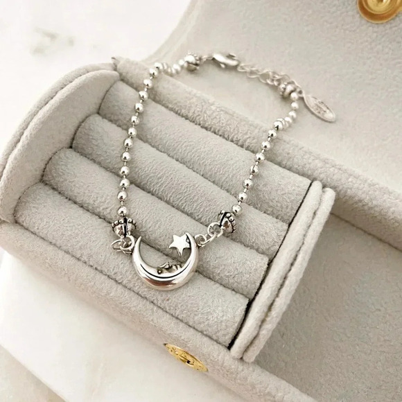 925 Sterling Silver Moon & Star Bracelet Dainty Bracelet Beaded Bracelet - Picture 4 of 4